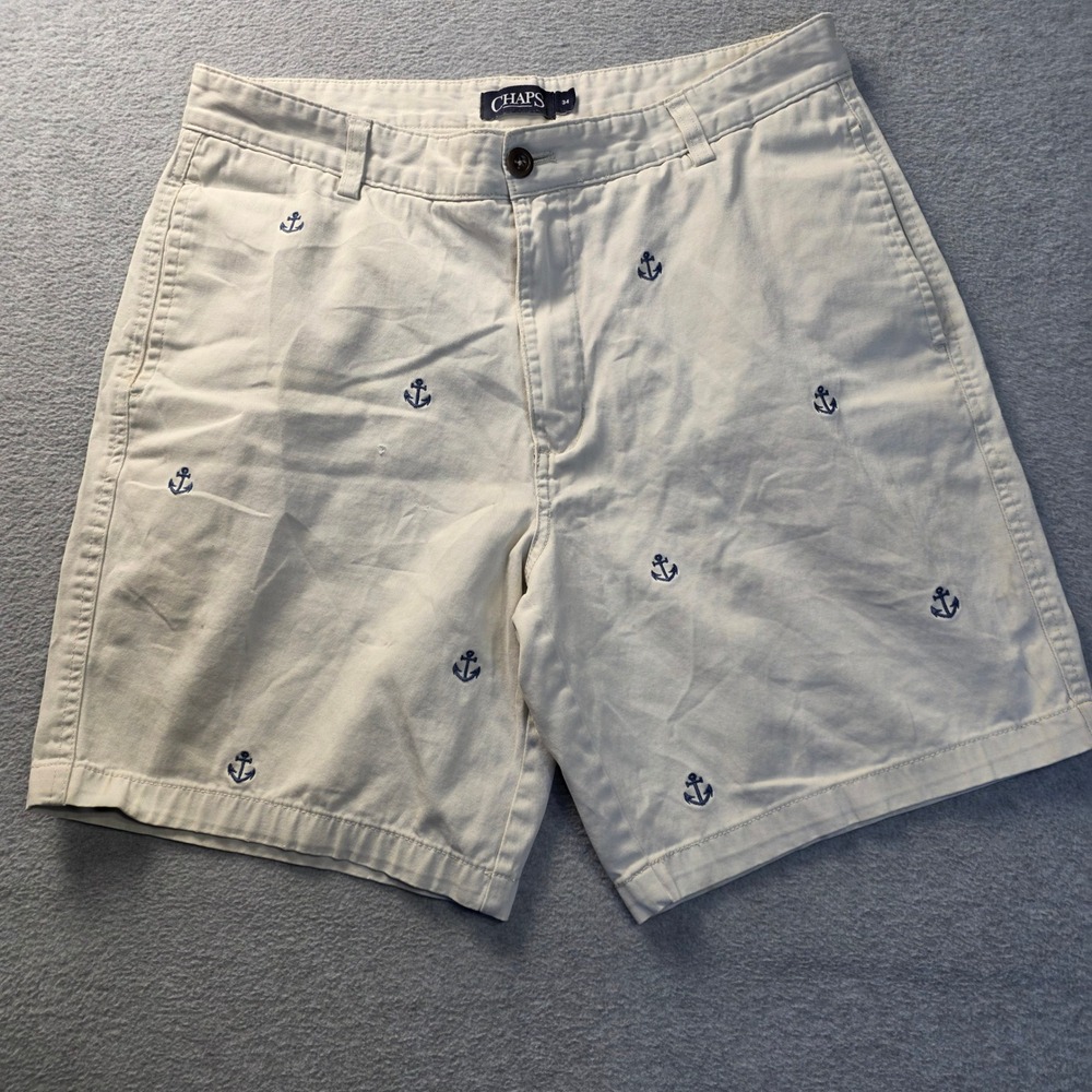 Shorts Mens Size 34 White Nautical Anchor Print Casual Summer Cotton Chaps